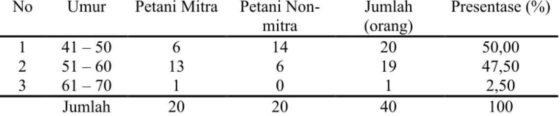 Tabel 1. Identitas Petani Mitra dan Non-mitra Usahatani Tebu di Kecamatan Tayu  Berdasarkan Kelompok Umur.