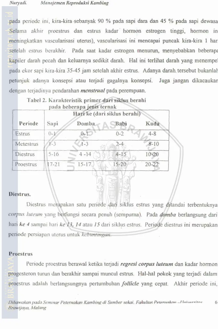 Tabel 2.  liarakteristiik primer dari siklus berathi  pada beberapa  jmis  ternak 