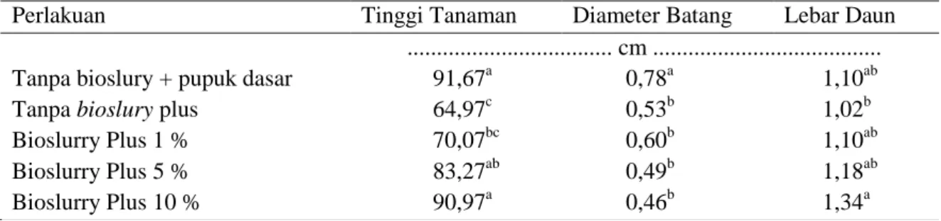 Tabel  2.    Pengaruh  bioslury  plus  pada  tinggi  tanaman,  diameter  batang  dan  lebar  daun  tanaman padi  