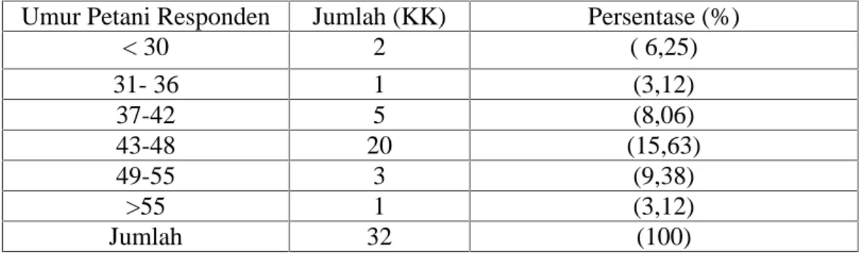 Tabel 1.  Distribusi Umur Petani Responden Di Desa Padang Mutung Umur Petani Responden Jumlah (KK) Persentase (%)