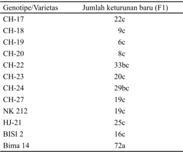 Tabel  1.  Rata-rata  keturunan  baru  (F1)  S.  zeamais  pada  setiap genotipe uji
