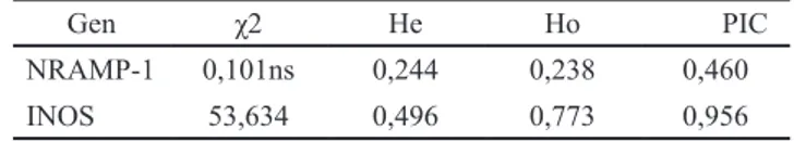 Tabel  5.  Hasil  uji  chi-square  (χ2),  Heterozigositas,  dan  Polymorphic Informative Content (PIC) gen  NRAMP-1 dan INOS pada ayam Sentul Seleksi