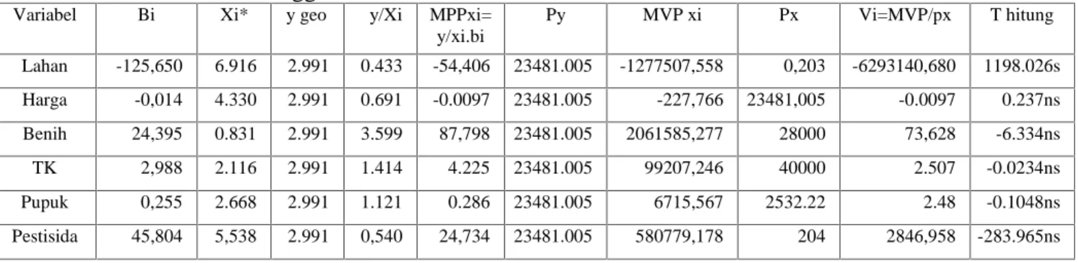 Tabel 5 Analisis Efisiensi Penggunaan Faktor Produksi Variabel Bi Xi* y geo y/Xi MPPxi=