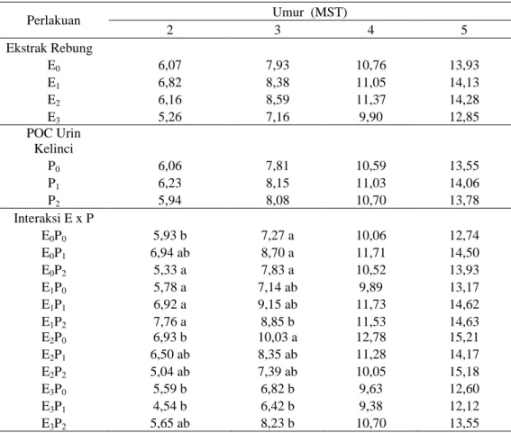 Tabel  1.  Tinggi  Tanaman  Selada  Merah  dengan  Perlakuan  Ekstrak  Rebung  dan    POC Urin Kelinci Umur 2, 3, 4 dan 5 MST 