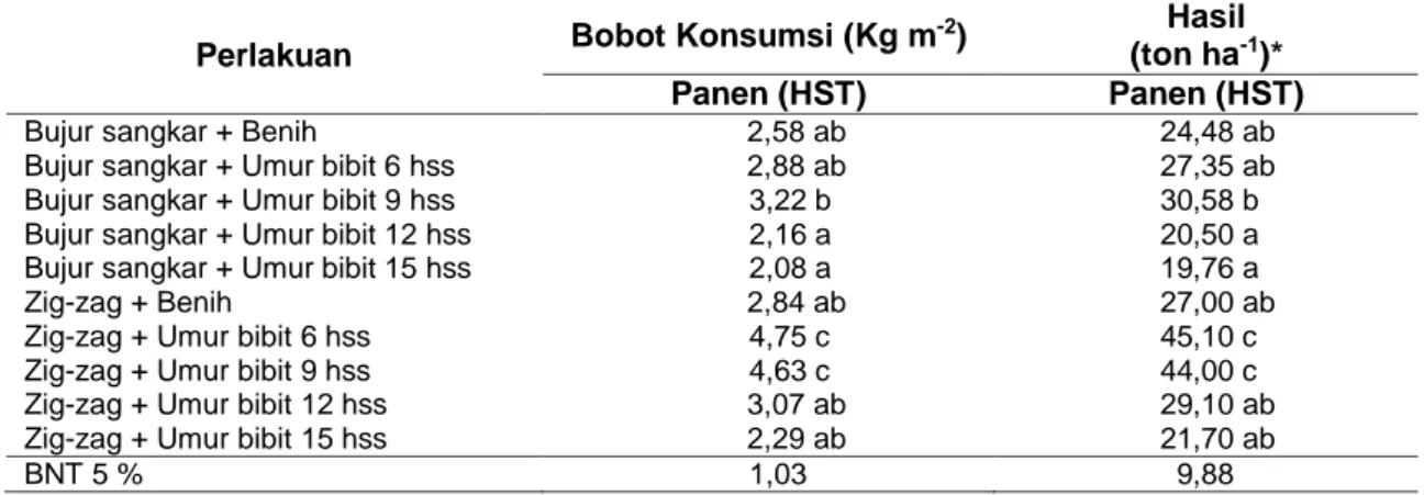 Tabel  6.  Bobot  Konsumsi  Tanaman  (Kg  m -2 )  dan  Hasil  per  Hektar  (ton  ha -1 )  Akibat  Pengaruh  Kombinasi Perlakuan Tata Letak Penanaman dan Umur Bibit pada umur  tanaman 44,  38, 35, 32 dan 29 Hari (panen)