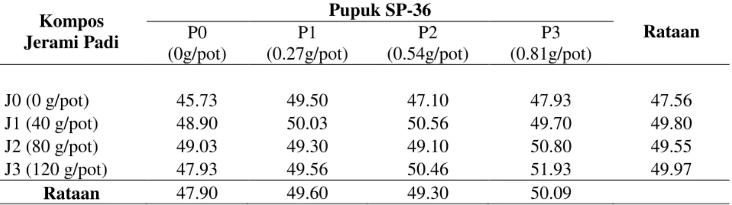 Tabel  7. Rataan  bobot  kering (g) brangkasan  tanaman  akibat perlakuan kompos  jerami dan  pupuk   SP-36