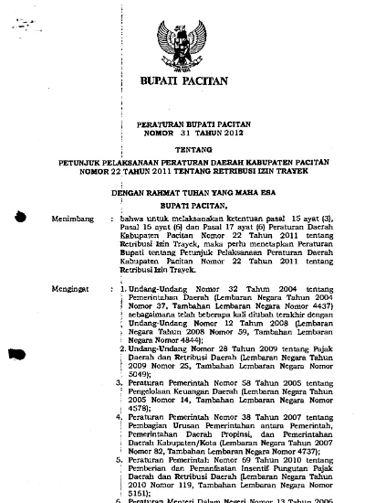 PERBUP NO 31 TAHUN 2012 TENTANG PETUNJUK PELAKSANAAN PERBUP NOMOR 22 TH ...