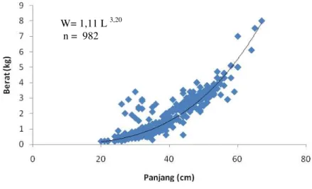 Gambar 3. Grafik Hubungan Panjang Berat ikan Tuna Sirip Kuning Selama Penelitian 
