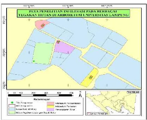 Gambar 1. Peta lokasi penelitian infiltrasi pada berbagai tegakan hutan di Universitas Lampung