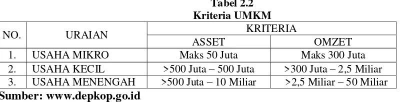 Tabel 2.2 Kriteria UMKM 