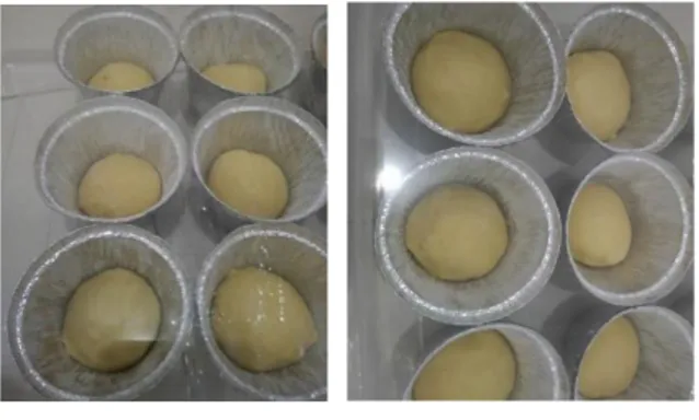 Gambar  3.    Adonan  Roti  yang  Dibuat  dengan  Sourdough  Terigu  (a)  dan  Sourdough Terigu Mocaf (b)  Pemanfaatan  kultur  BAL  alami  pada  sourdough  dalam  proses  pembuatan  roti  menjadikan  waktu  proofing  yang  dibutuhkan  lebih  lama  jika  d