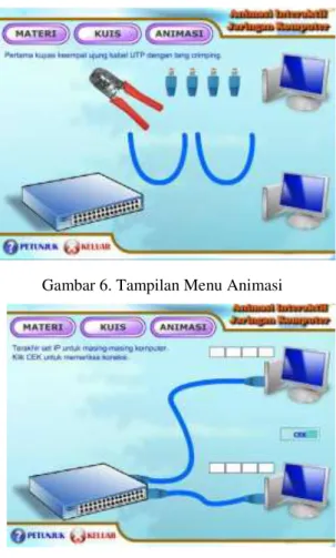 Gambar  6  adalah  tampilan  dari  menu  Animasi  Jaringan  Komputer,  pada  halaman  tersebut  pengguna  akan  diperkenalkan  perangkat  yang  digunakan  serta  akan  diarahkan  langkah-langkah  dalam  merancang sebuah jaringan komputer