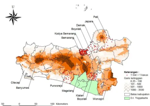 Gambar 4. Sebaran  kasus  leptospirosis  Provinsi  Jawa  Tengah  tahun  2002  –  2012  berdasarkan  ketinggian  tempat