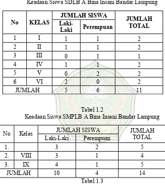 Tabel 1.1 Keadaan Siswa SDLB A Bina Insani Bandar Lampung 