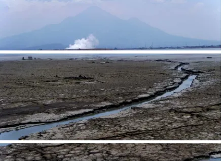 Gambar 1. Antara semburan lumpur panas Sidoarjo (mud volcano) dan komplek Gunung Pananggungan (magmatic volcano, yang masih mengandung misteri