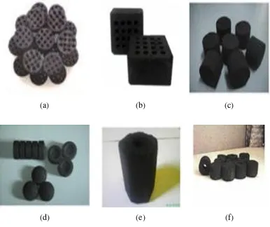 Gambar 1. Bentuk-bentuk Briket : (a) Sarang Tawon Bulat (b) Sarang Tawon Kotak (c) Silinder 