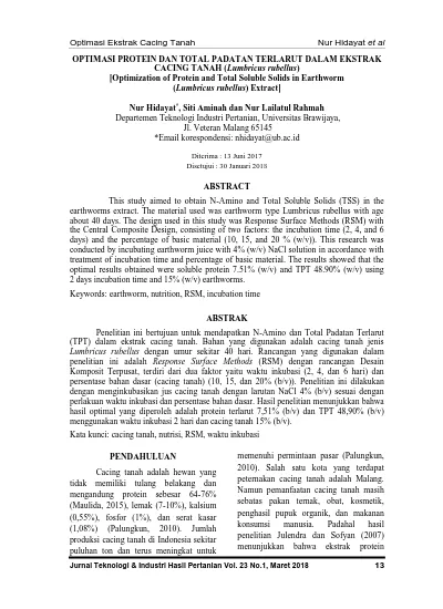 Optimasi Protein Dan Total Padatan Terlarut Dalam Ekstrak Cacing Tanah