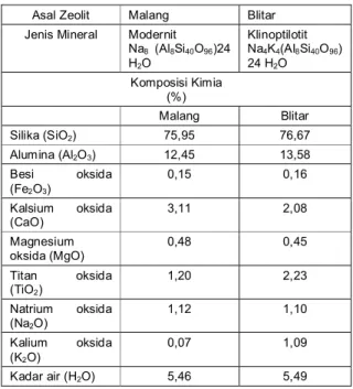Tabel  5.  Jenis  mineral  zeolit  dan  komposisi  kimia  zeolit asal Malang dan Blitar.