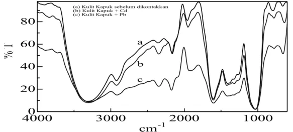 Gambar  11.  Spektra  FTIR  serbuk  kulit  buah  Kapuk  (a)  Sebelum  dikontakkan  dengan  logam  (b)  Setelah 