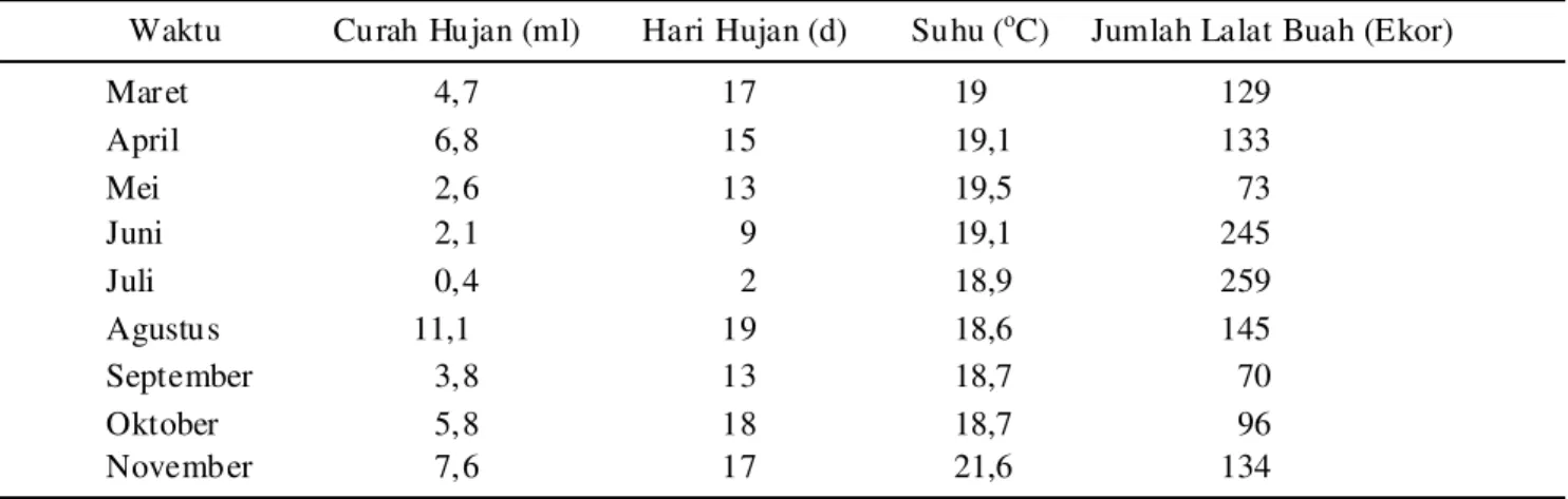 Tabel 3.  Faktor iklim (curah hujan, hari hujan dan suhu) serta kelimpahan rata-rata per bulan lalat buah Bactrocera