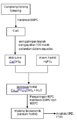 Diagram  alir  pembuatan  material  biokeramik  jenis  kalsium  fosfat  dari  cangkang  kerang  simping  ditunjukkan  pada Gambar 1
