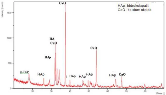 Gambar 6. Difraktogram sampel pH pembentukan 8-9 dan suhu kalsinasi 800ºC  Tabel 2. Fasa  Mineral berdasarkan pH pembentukan dan suhu pembakaran 