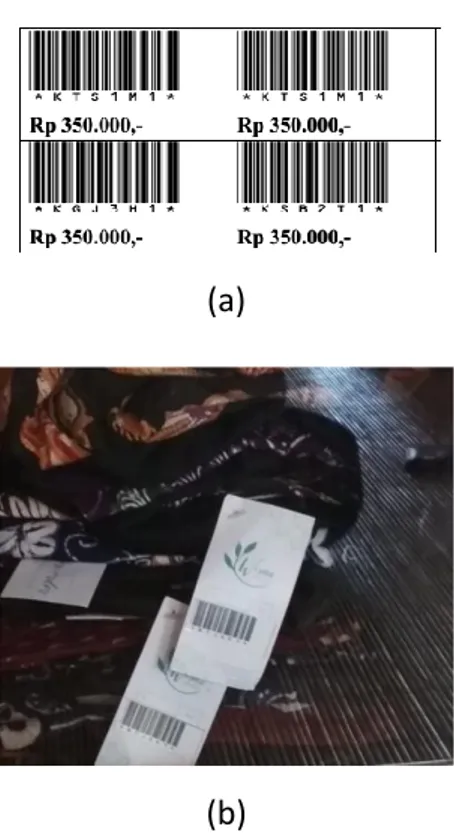Gambar 6. Barcode produk batik UKM,  (a) Barcode yang dibuat, (b) produk  dan barcode yang telah ditempelkan  HASIL DAN PEMBAHASAN 