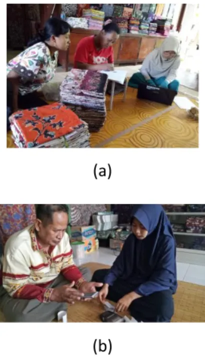 Gambar 8. Kegiatan Pencatatan data  produk batik dan pelatihan  penggunaan aplikasi, (a)Mitra 1-Peri 