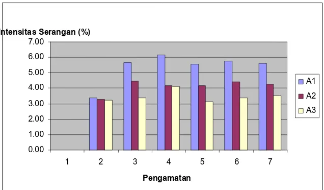 Tabel 2. Rataan Intensitas Serangan (%) C.nicotianae Pada Tanaman Tembakau Dengan Perlakuan Pemberian  Dosis Fungisida Nabati