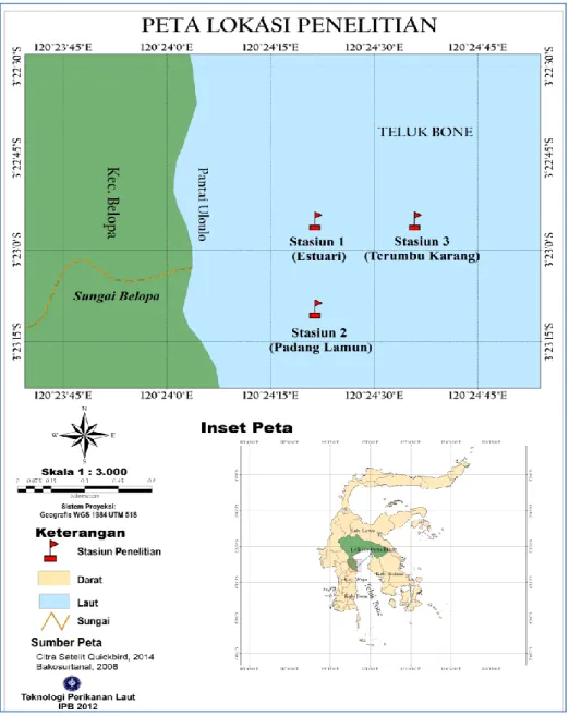Gambar 1   Lokasi penelitian dan titik  sampling mewakili stasiun (habitat) yang  berbeda   ( Lk.1=  muara sungai (Estuary), Lk