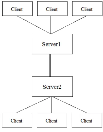 Fig. 2.1: A typical layout of the XMPP network. Several servers work together and the  clients have many access points