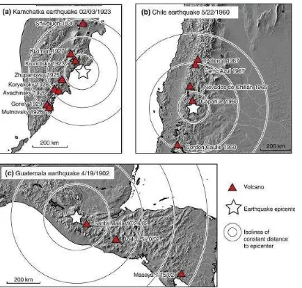 Gambar 5. Aktivitas erupsi gunungapi lebih sering terjadi pada gunungapi yang lokasinya berdekatan dengan zona seismik aktif (Eggert & Walter, 2009)  