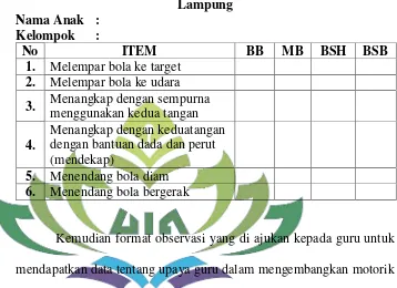 Tabel 5 Lembar Observasi Mengembangkan Motorik Kasar Melalui 