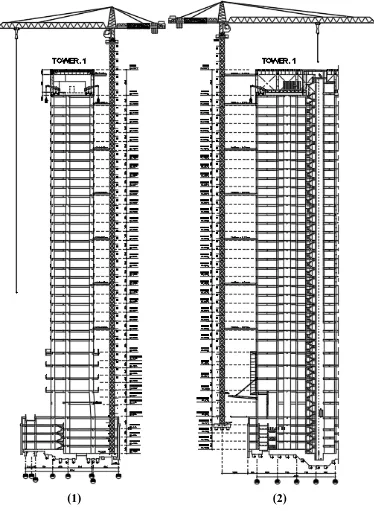 Gambar 4.2 Posisi Tower Crane 5 (1) & 6 (2) Penampang Melintang 