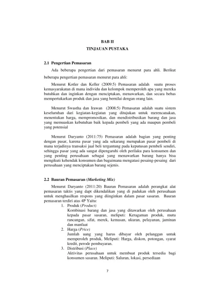 BAB II TINJAUAN PUSTAKA 2.1 Pengertian Pemasaran - TINJAUAN TERHADAP ...