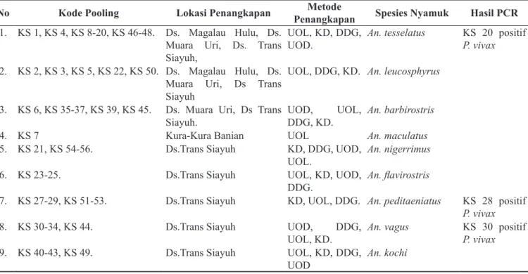 Tabel 1.  Hasil  Pemeriksaan  Spesies  dan  Pemeriksaan  PCR  Nyamuk  Anopheles  sp  di  Kabupaten  Kotabaru  Provinsi Kalimantan Selatan Tahun 2015