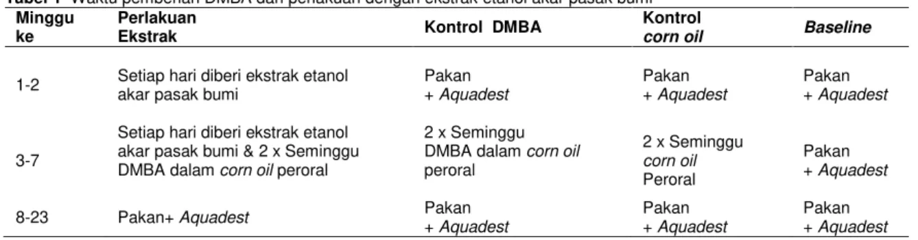 Tabel 1 –Waktu pemberian DMBA dan perlakuan dengan ekstrak etanol akar pasak bumi  Minggu 
