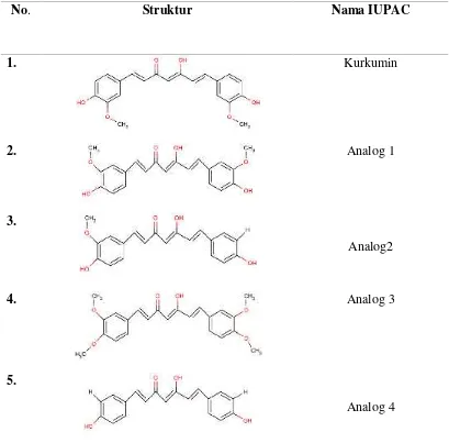 Tabel 1 Struktur dari bikalutamida, kurkumin dan analognya