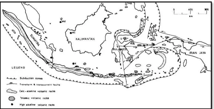 Gambar 2.2 Vulkanisme dan relasi tektonik Indonesia pada Kenozoikum Akhir – sekarang (Katili, 1975)