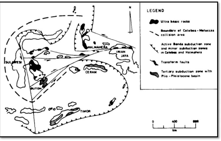 Gambar 2.3 Zona kolisi Sulawesi-Maluku dan subduksi Banda (Katili, 1975). 
