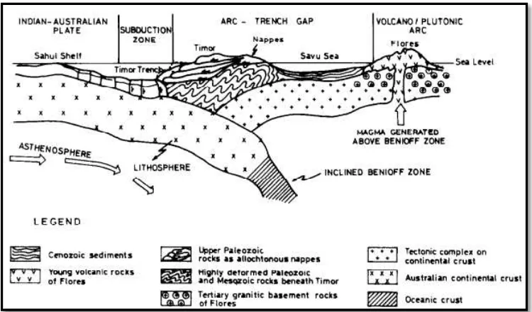 Gambar 1.1 Penampang tektonik Pulau Timor (Indonesia bagian Timur)  (Katili, 1975). 