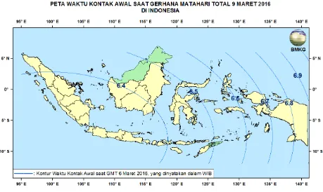 Gambar 6. Waktu kontak awal saat Gerhana Matahari Total 9 Maret 2016 di Indonesia 