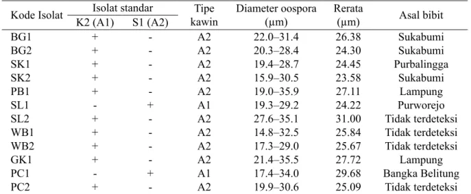 Gambar 4  Oospora yang dihasilkan dari perkawinan 2 tipe kawin Phytophthora capsici.  a, Pertemuan hifa kedua tipe kawin; b, Oospora yang terbentuk di sekitar pertemuan hifa (→);  c, Oospora umur 3 hari, mempunyai dinding tipis; d, Oospora umur 49 hari yan