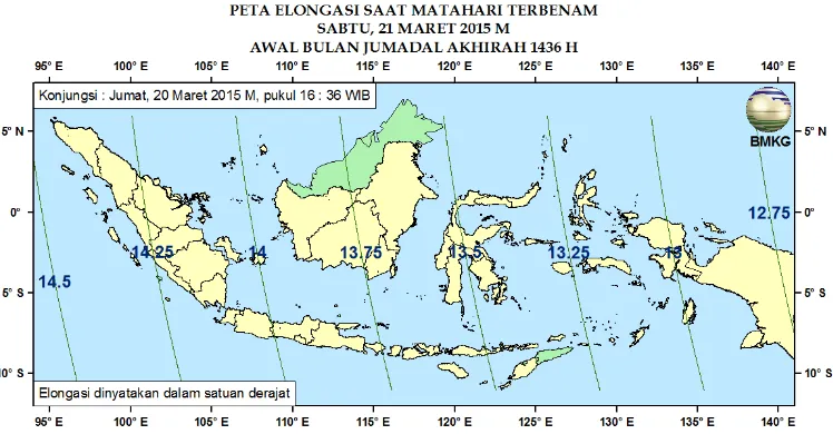 Gambar 3. Peta Elongasi tanggal 20 Maret 2015 untuk pengamat di Indonesia 