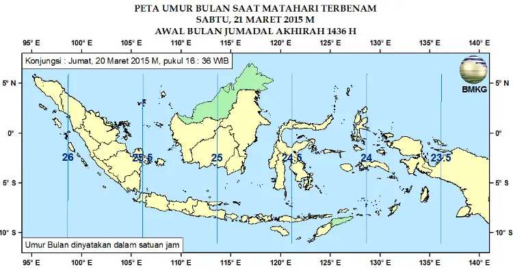 Gambar 5. Peta Umur Bulan tanggal 20 Maret 2015 untuk pengamat di Indonesia 