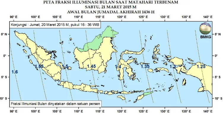Gambar 9. Peta Fraksi Illuminasi Bulan tanggal 20 Maret 2015 untuk pengamat di Indonesia 