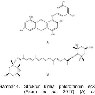 Gambar 4.   Struktur  kimia  phlorotannin  eckol  (Azam  et  al.,  2017)  (A)  dan  fukosantin (Peng et al., 2011) (B)