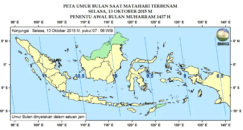 Gambar 2. Peta Elongasi tanggal 13 Oktober 2015 untuk pengamat di Indonesia 