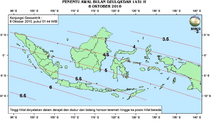 Gambar 2. Peta ketinggian Hilal tanggal 8 Oktober 2010 untuk pengamat di Indonesia 