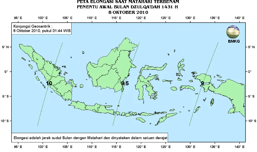 Gambar 4. Peta Elongasi tanggal 8 Oktober 2010 untuk pengamat di Indonesia 